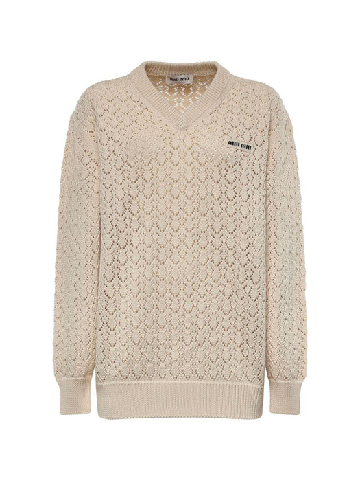 Pointelle-knit logo-patch sweater MML05Z 191AF0304 MIU MIU 